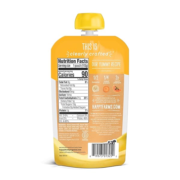 HAPPY BABY ORGANICS STAGE 2 BABY FOOD POUCHES, GLUTEN FREE, VEGAN & HEALTHY SNACK, CLEARLY CRAFTED FRUIT & VEGGIE PUREE, BANANAS, SWEET POTATOES & PAPAYAS, 4 OUNCES (PACK OF 16)