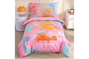 Wowelife Dinosaur Toddler Bedding Set for Girls, Premium 4 Piece Dinosaur Toddler Comforter Bed Set Pink, Cartoon Animal All Season with Comforter, Flat Sheet, Fitted Sheet and Pillowcase, Pink