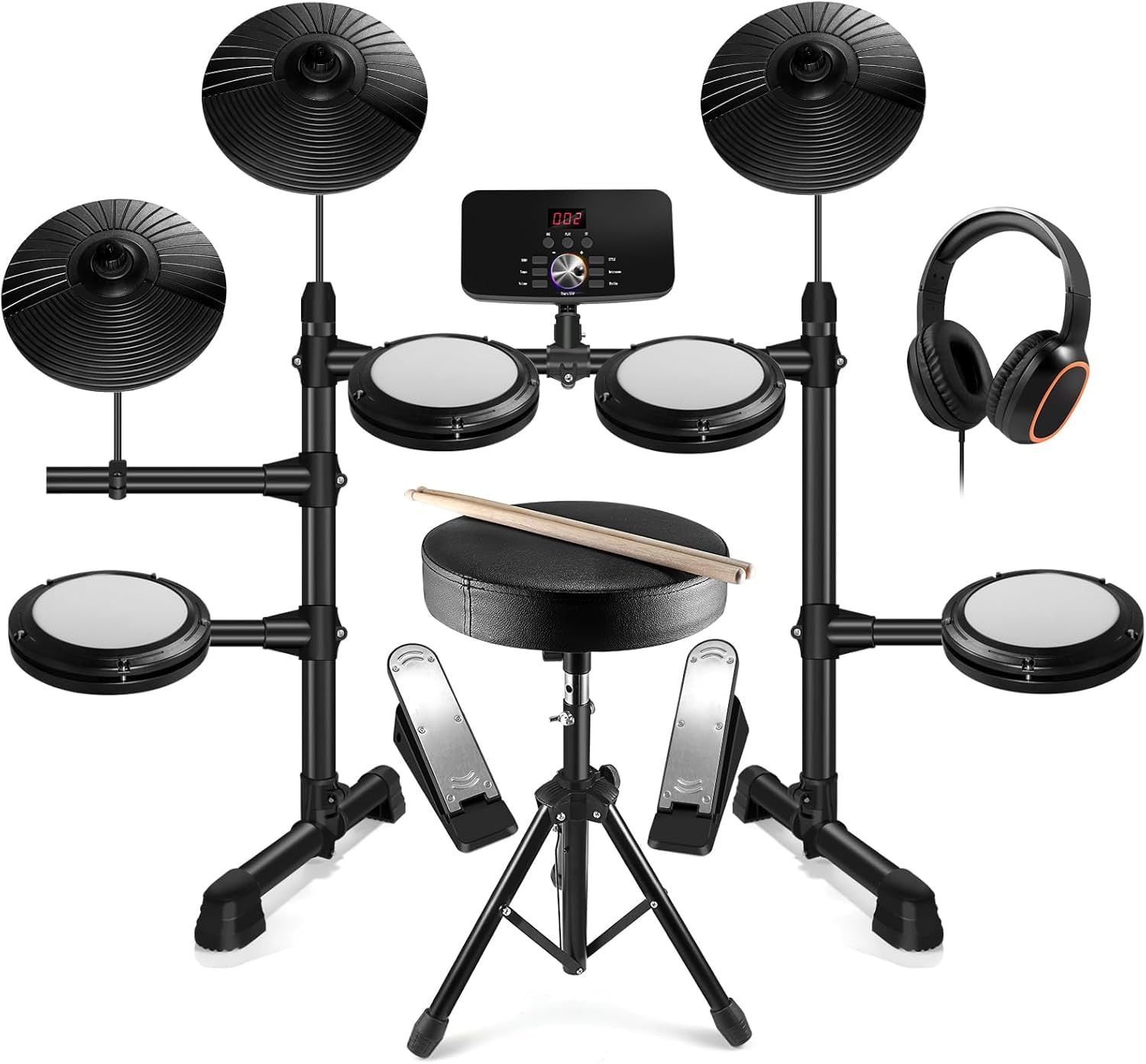Photo 1 of Electronic Drum Set,Electronic Drum for Beginner Set with Type-C Charging,support USB MIDI Bluetooth,with 4 Quiet Mesh Pads 2 Pedals, Drum Stool, Sticks, Headphones and Melodics Lessons