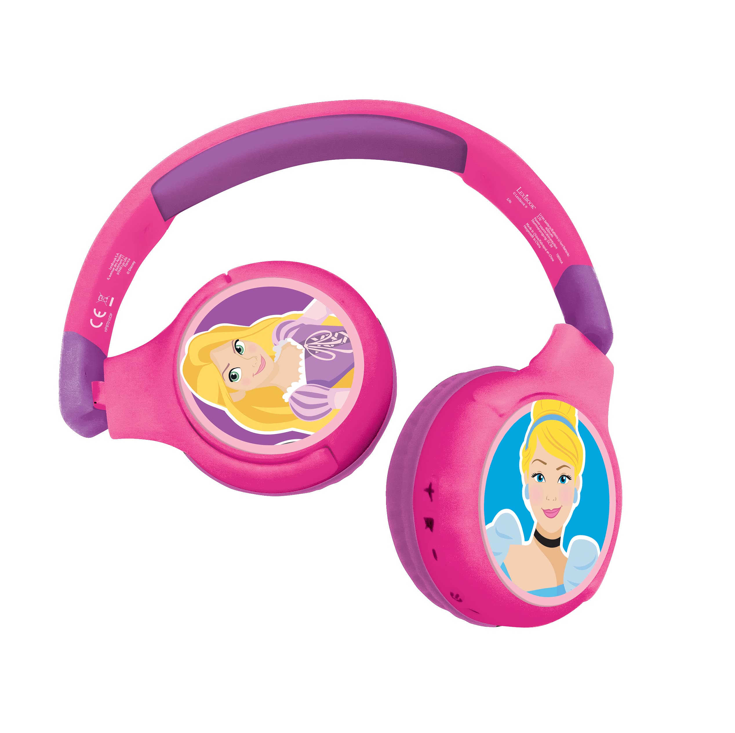 LEXIBOOK, Disney Princess, Headphones 2-in-1 Bluetooth & Wired with Mic and Button Control, Long-Lasting Rechargeable Battery, HPBT010DP