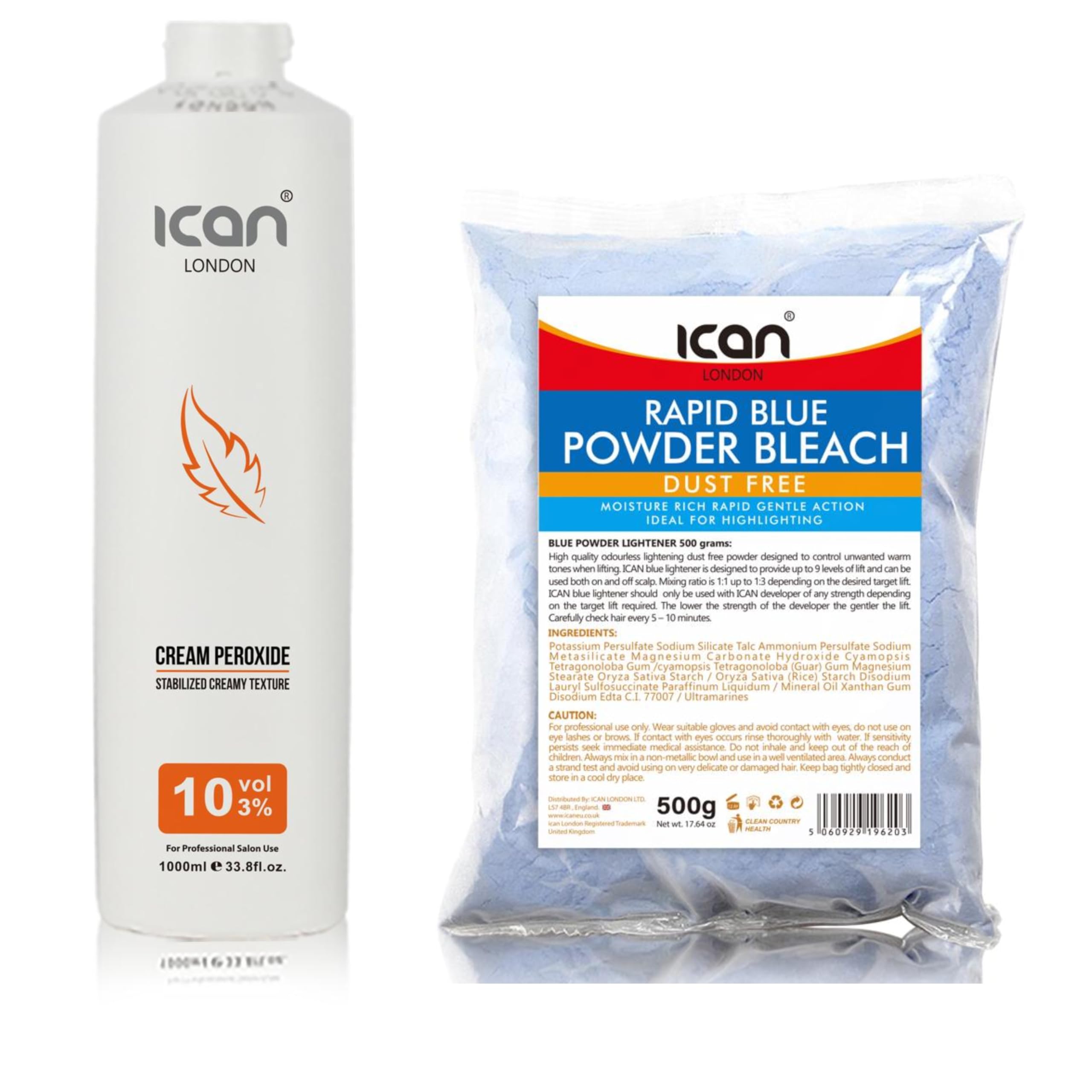 ICAN LONDON PROFESSIONAL CREAM PEROXIDE 10 VOL 3% 1000 ML + DUST FREE POWDER BLEACH 500 G SET