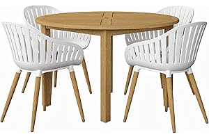 Urban Elements Nature 5-Piece Wood Patio Furniture Set | Teak Finish 100% FSC Eucalyptus | Backyard, Outside Table and Chairs, Round Outdoor Dining Set for 4, Patio Dining Set for 4 (White)