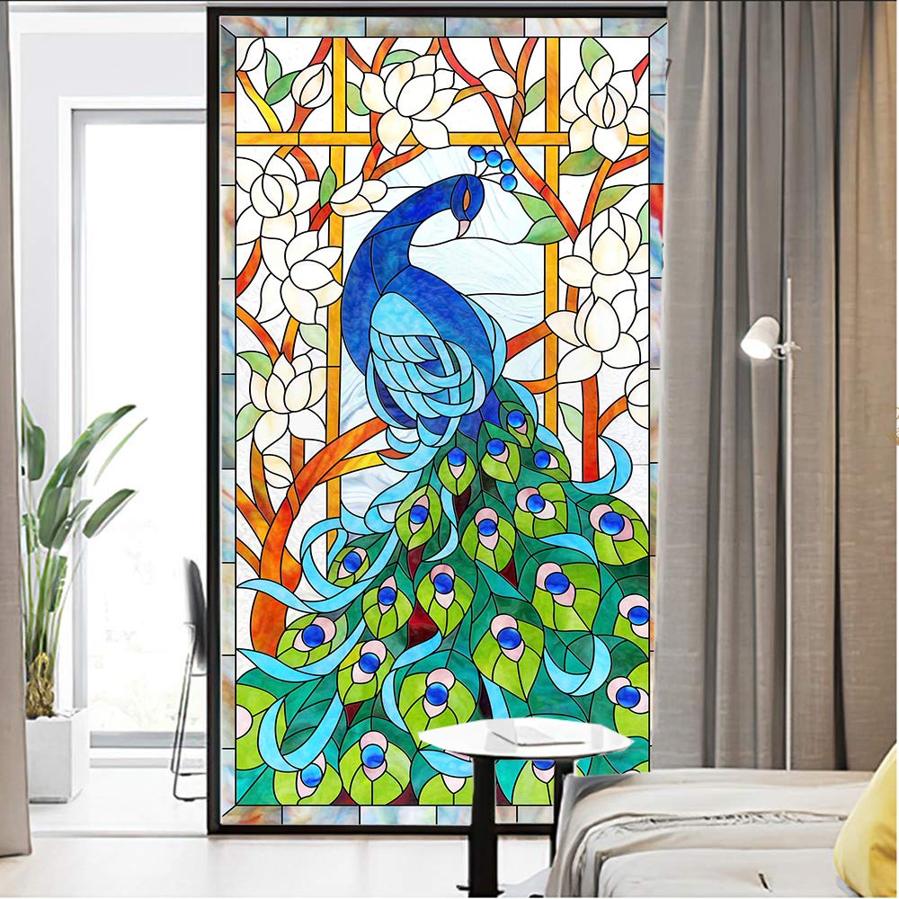 J4U Window Film Privacy Colorful Peacock Decorative Church Window Sticker No Glue Static Window Cling UV Blocked Window Decals for Home 15.7"x63"(40x160cm)