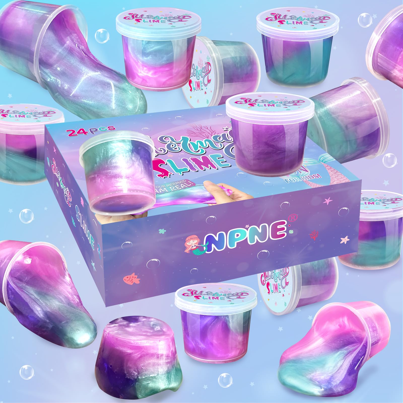 24 Pack Mermaid Slime Party Favors for Kids Slime Cup Bulk DIY Stress Relief Putty Toy Christmas Easter Birthday Goodie Bag Stuffer Classroom Reward for Girls Boys Stretchy Non-Sticky