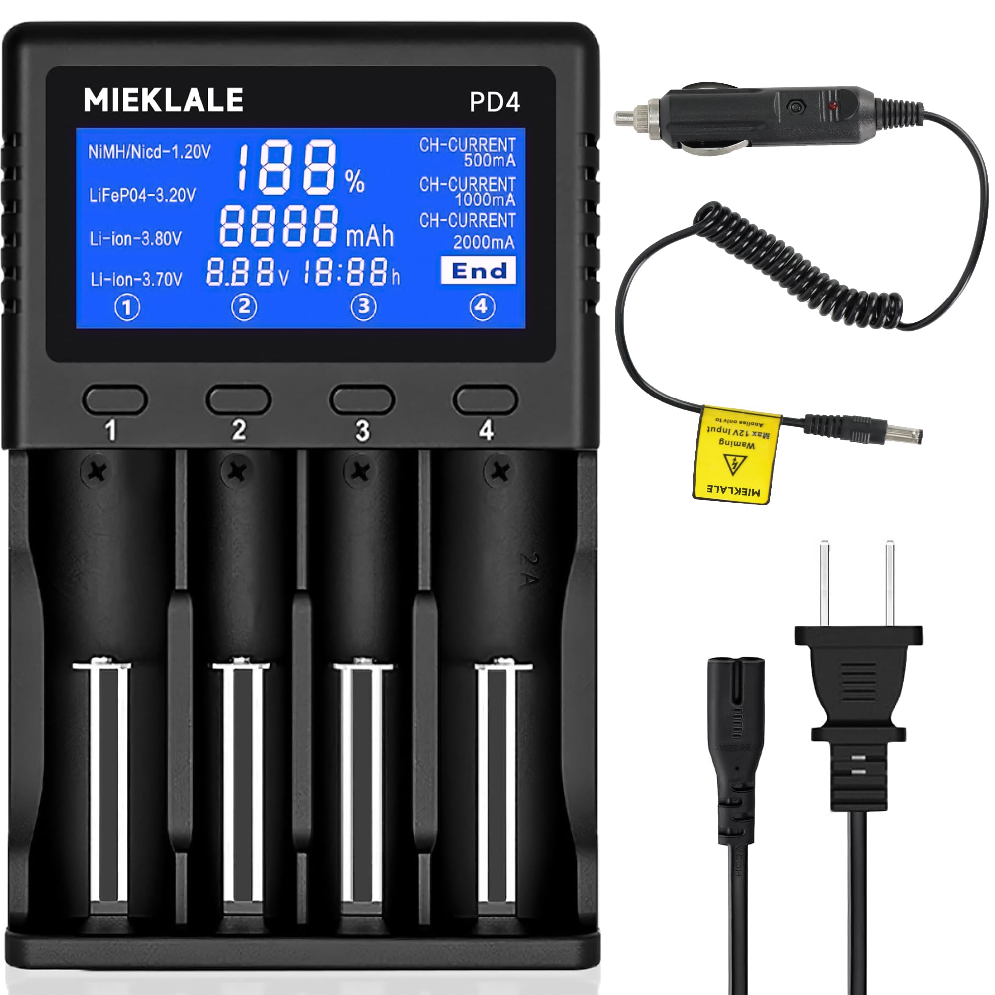 Photo 1 of 18650 Battery Charger, MIEKLALE 4-Bay Universal Battery Charger with Smart LCD Display Fast Charge for Rechargeable Batteries Li-ion LiFePO4 26650 18650 16340 10440 14500 RCR123,NI-MH NI-Cd AA AAA