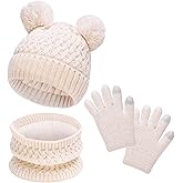 LYDTICK Kids Winter Hat Scarf Gloves Set, Toddler Beanie with Double Pom Pom Fleece Lined, Touch Screen Mitten for Girls Boys