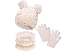 LYDTICK Kids Winter Hat Scarf Gloves Set, Toddler Beanie with Double Pom Pom Fleece Lined, Touch Screen Mitten for Girls Boys