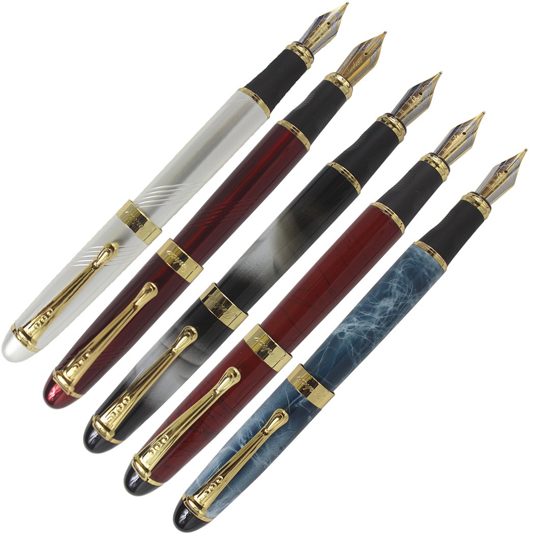 Abcsea 5PCS 450 Pens, Including 5PCS Classic Style Medium Nib Fountain Pen Golden Trim - Silvery White, Red Wine, White Fog, Red Grass, & Blue Marble