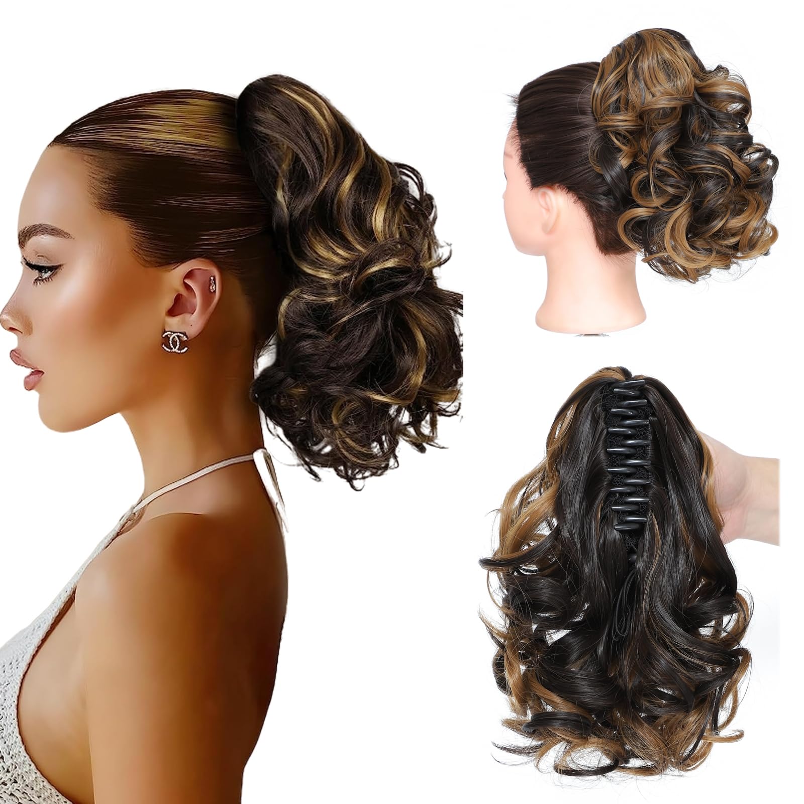 25cm Wavy Claw Clip on Ponytail Hair Extensions, Curly Ponytail Extension Jaw Clip pony tail hair pieces for women Girls Fake Pony Tail Hairpieces