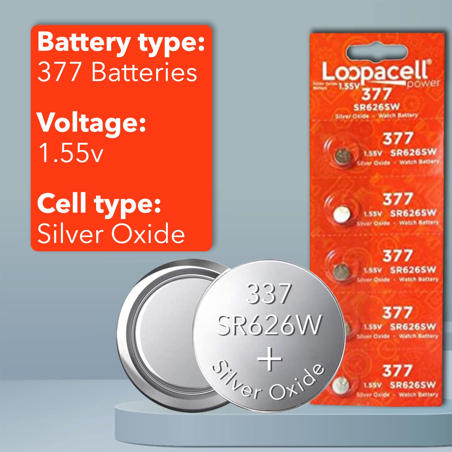 LOOPACELL 377/376 / SR626W / SR626SW / Silver Oxide Watch Batteries (Pack of 5) - 1.55V Long Lasting Coin Cell Battery for Watches, Toys, Decorations, Wristwatches, Remote Control, Mini Radio