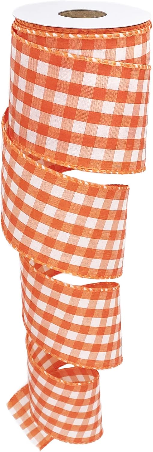Bows & Ribbons - Leecogo Orange White Buffalo Check Plaid Wired Ribbon,2 1/2”x10 Yard, Farmhouse Gingham Ribbon for Easter, Christmas, Wreath, Spring, Summer, Wedding, Baby Shower, Birthday.