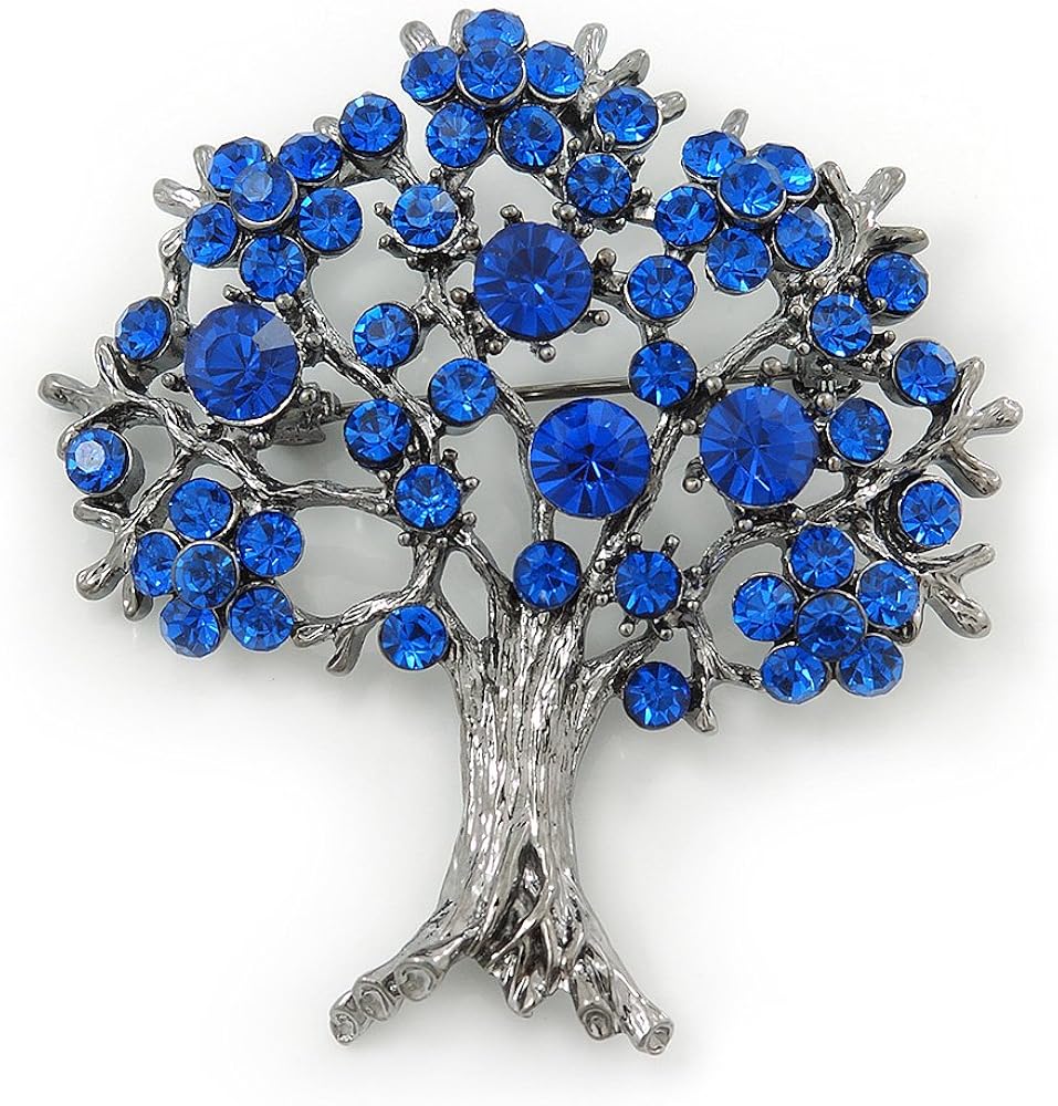 Sapphire Blue Coloured Crystal 'Tree Of Life' Brooch In Gun Metal Finish - 52mm Length, dark grey, blue