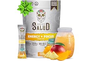 TASTE SALUD Salud 2-in-1 Energy Drink Powder + Focus, Pineapple Mango, Organic Caffeine, B6 + B12, Theanine, Clean Energy Drink Packets, Agua Fresca Mix, Non-GMO, Gluten Free, Vegan, 1g of Sugar, (15 Servings)