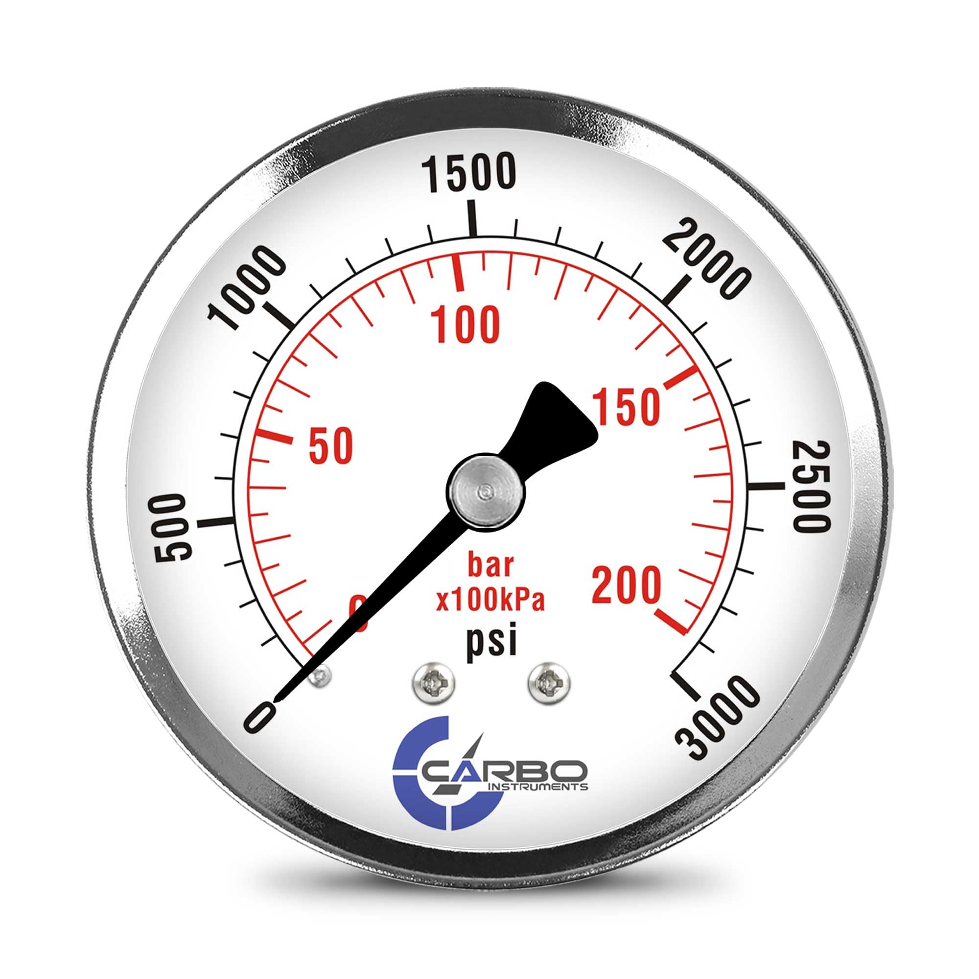 CARBO Instruments 2-1/2" Pressure Gauge, Chrome Plated Steel Case, Dry, 0-3000 psi/kPa, Back Mount 1/4" NPT