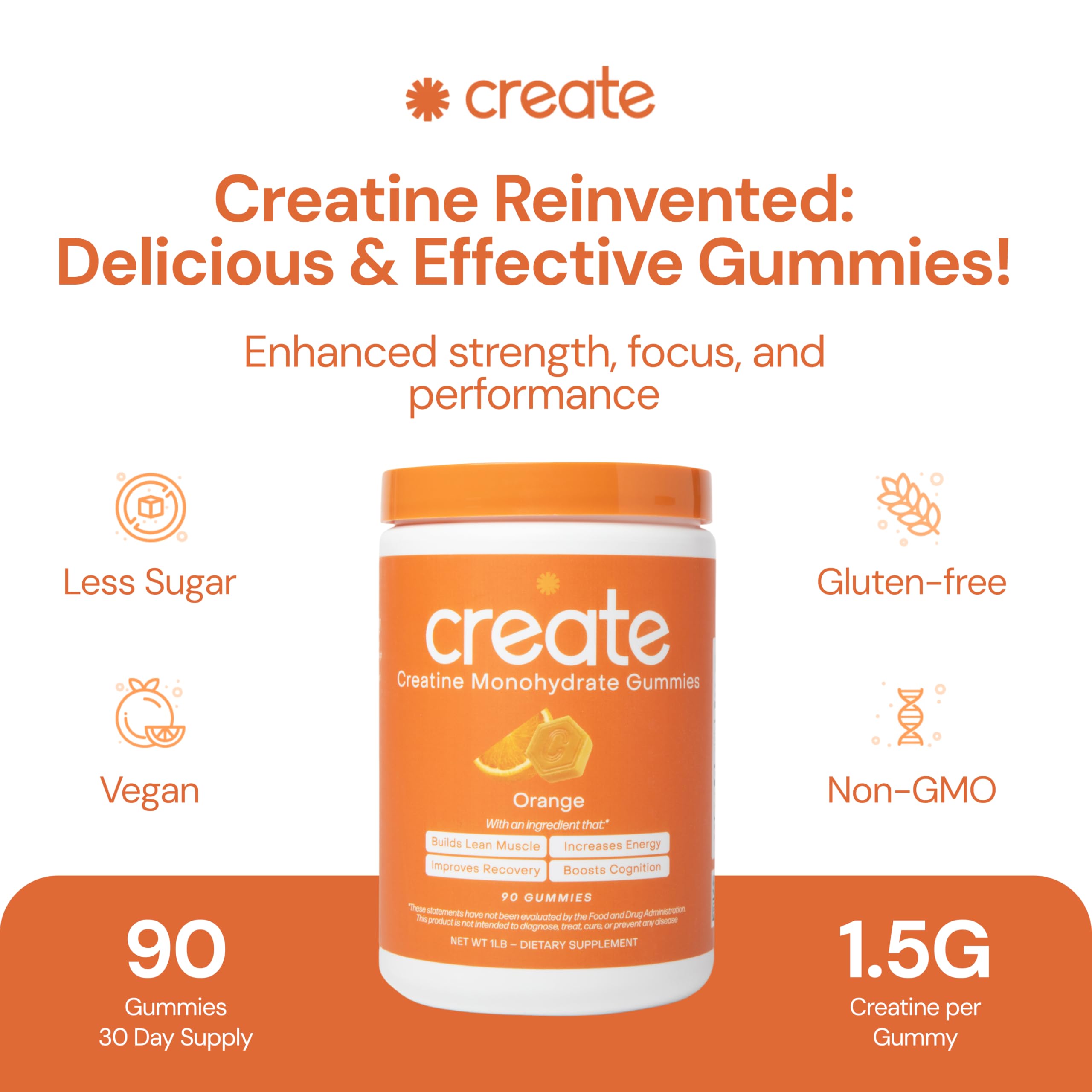 Create Creatine Gummies for Men & Women - NSF Certified, 3rd Party Tested, Made with Creapure Creatine Monohydrate Powder, Great Tasting, Anti-Melting Formula, 90 Count (Orange)