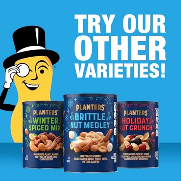 PLANTERS HOLIDAY BRITTLE NUT MEDLEY TRAIL MIX SNACK WITH HONEY PEANUTS, YOGURT RAISINS, PEANUT BRITTLE, PRETZELS & CASHEWS, HOLIDAY SNACK, PARTY NUT MIX, 1 LB. CANISTER