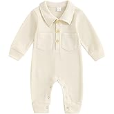 Lesimsam Newborn Baby Boy Waffle Knit Collared Romper Jumpsuit Solid Button Long Sleeve Bodysuit One-Piece Fall Winter Outfit