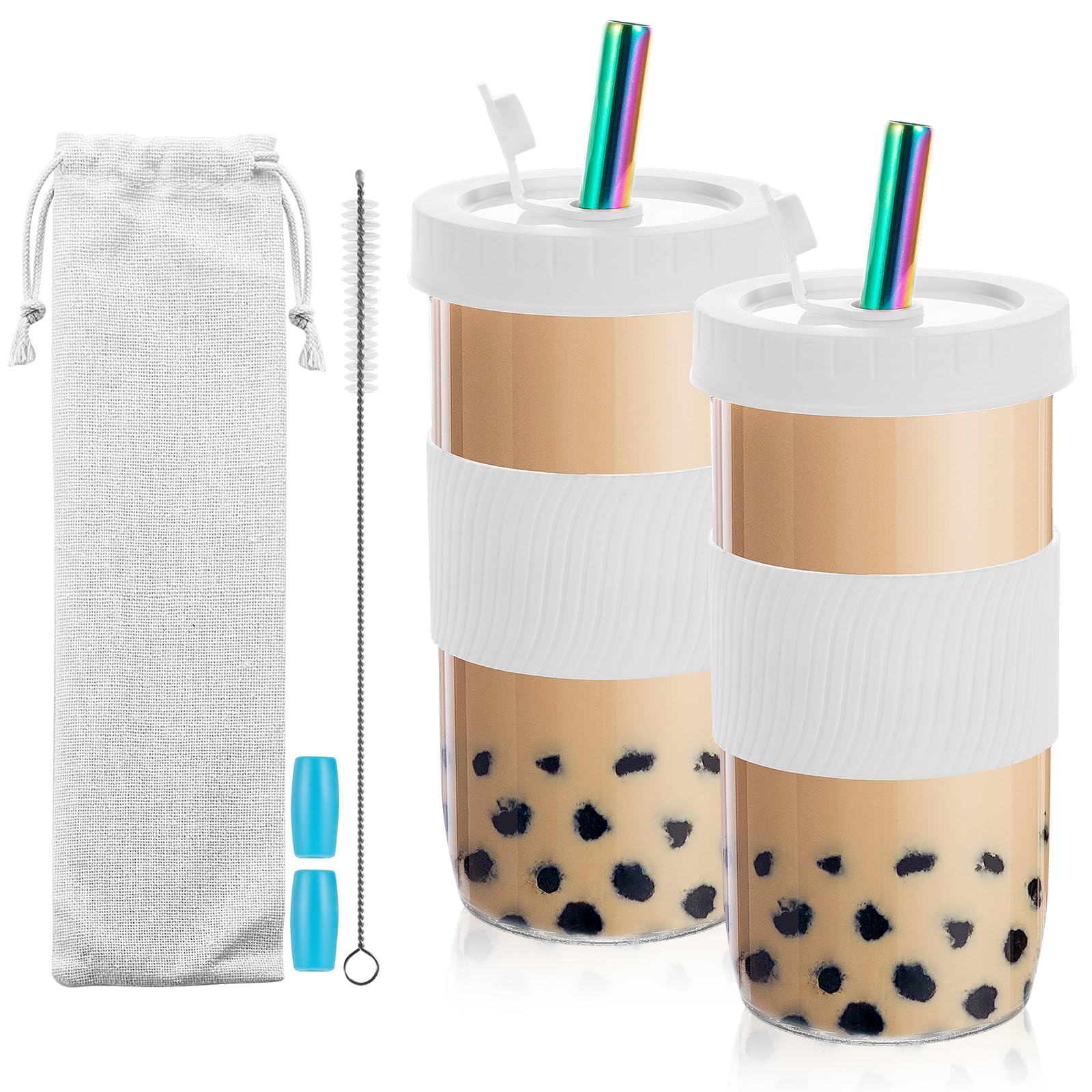 Dyserbuy Bubble Tea Cup, 2 Pack Smoothie Cup, 730ml Iced Coffee Cup, Glass Cups with Lids and Straws, Reusable Glass Tumbler with Silicone Sleeve, Straw Brush, White