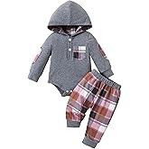 Gademacue Baby Boy Clothes Long Sleeve Hoodie Romper and Plaid Pants Set Fall Winter Baby Boy Outfit 0–18 Months