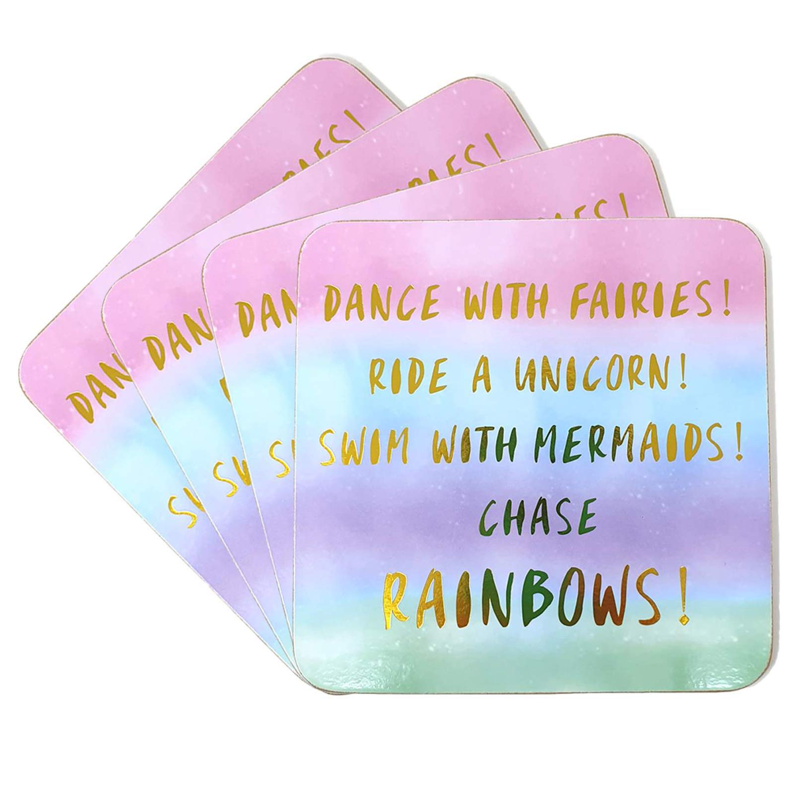 Set of 4 Pastel Colour Coasters Dance with Fairies Ride a Unicorn Swim with Mermaids Rainbows