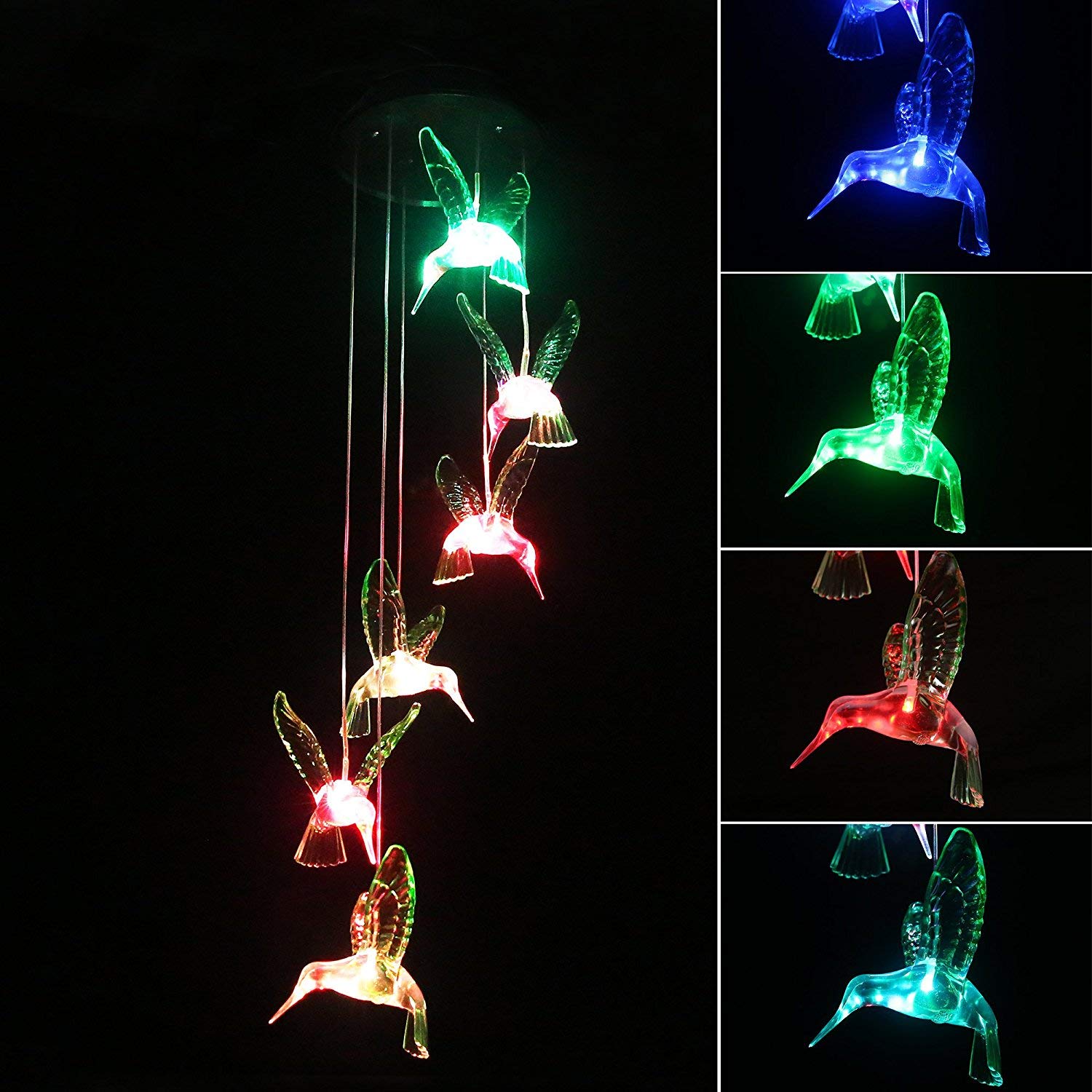 OKSS Solar Wind Chime Light, Color-Changing Solar LED Mobile Wind Chime Waterproof Six Hummingbird Wind Chimes for Home/Party/Night/Garden/Festival Decor/Valentines