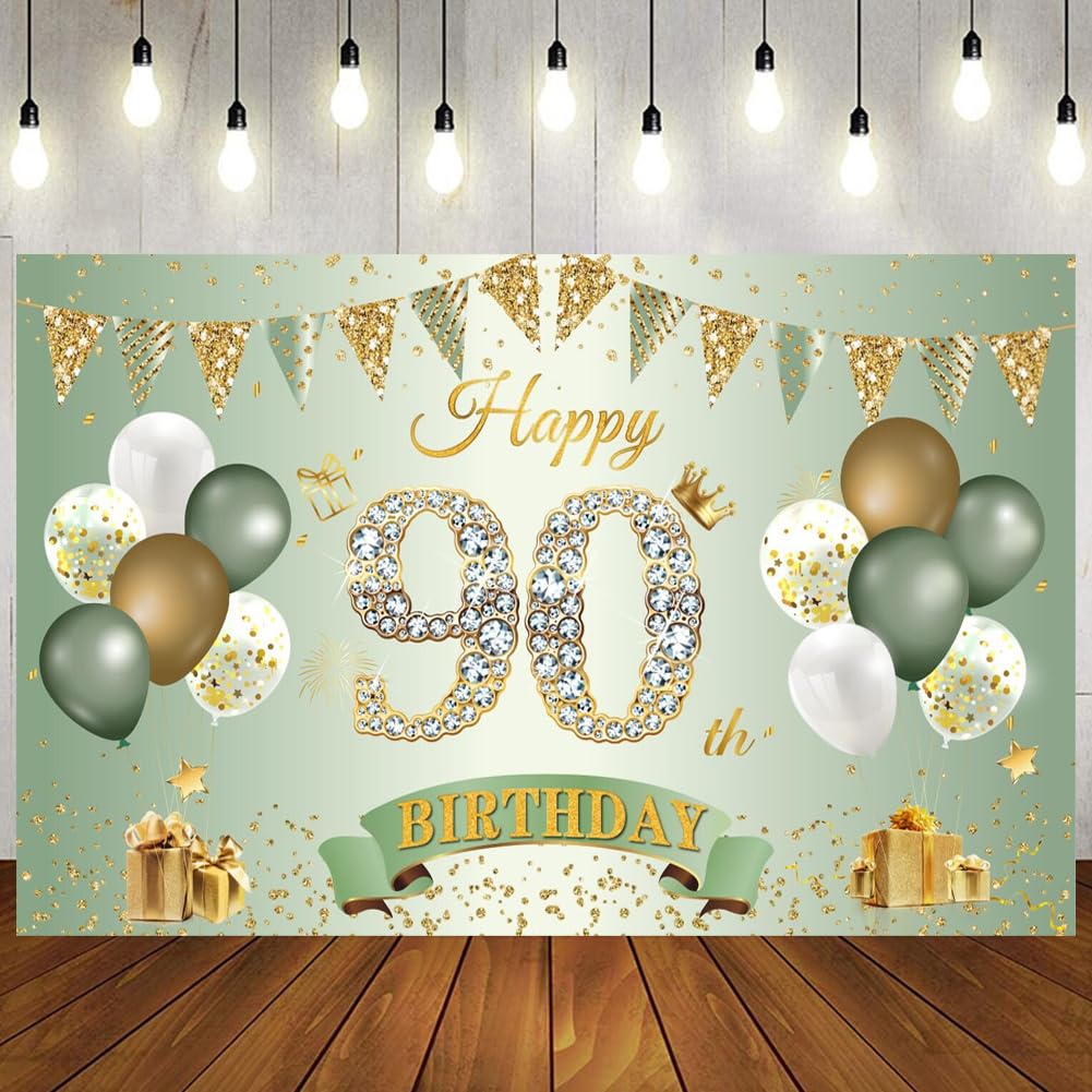 Happy 90th Birthday Banner Sage Green Gold, 1.1 x 1.8 m Backdrop for Women Men, Anniversary Party Decorations and Supplies for 90 Years Old Celebration