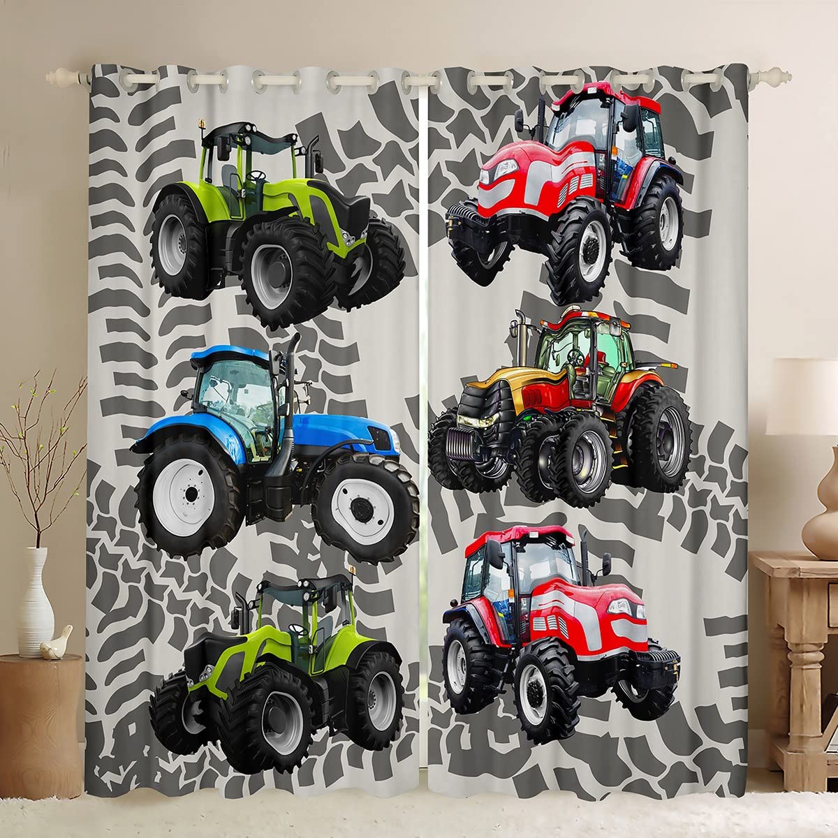 Loussiesd Tractors Window Drapes Boys Cartoon Construction Tractor Window Curtains for Kids Vehicles Truck Car Curtains Child Teens Red Blue Green Cars Window Treatments,W52*L63