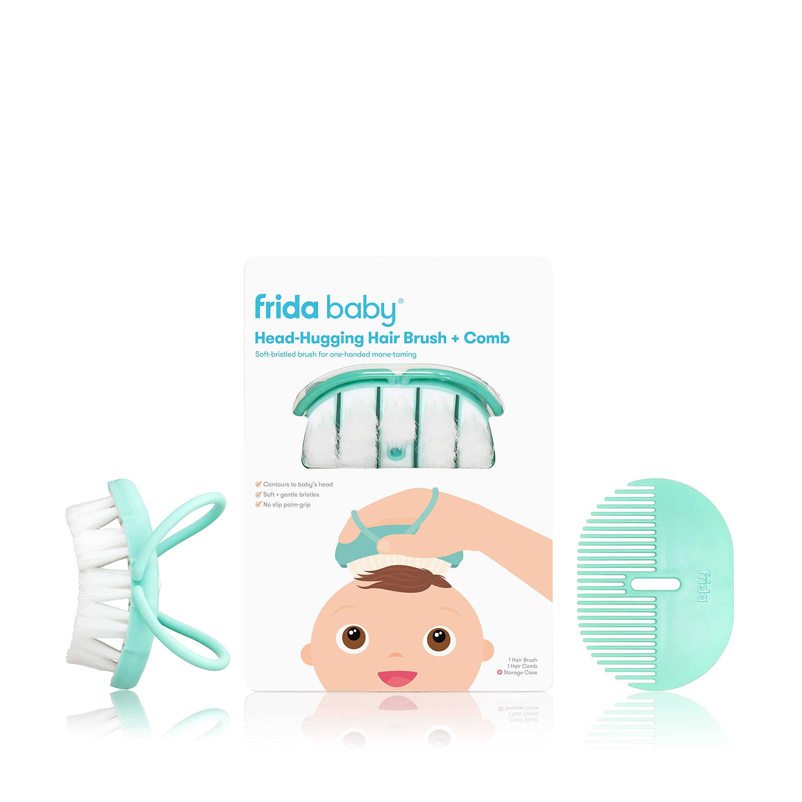 Frida Baby Head-Hugging Hairbrush and Comb Set: Flexi-Brush Countors to Head, Soft Bristled Brush, for Newborns and Up, Hair Brush + Comb + Storage Case