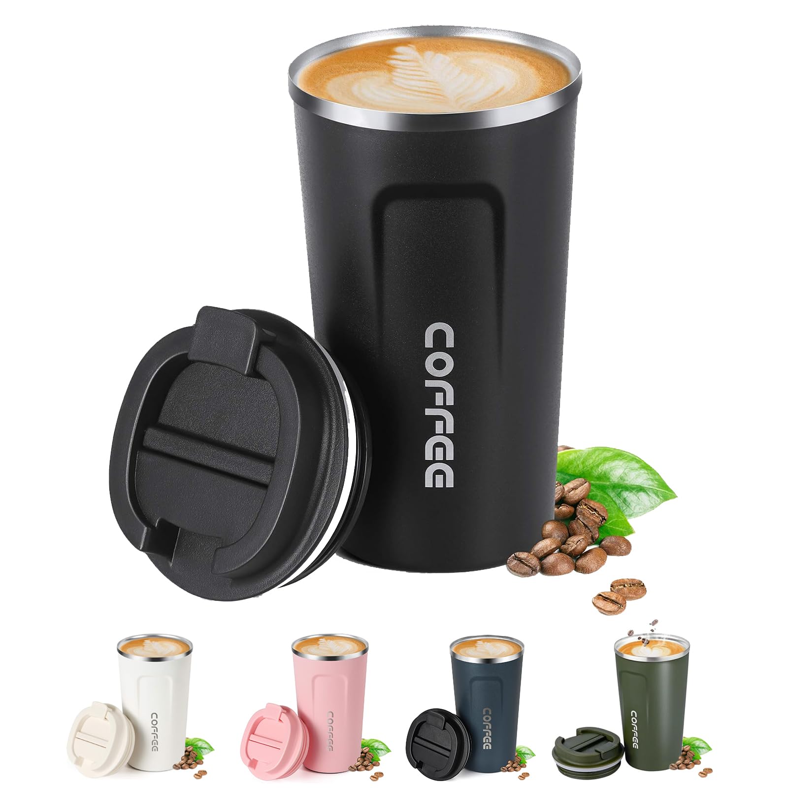 Senshuomy Travel Coffee Mug Spill Proof,Insulated Coffee Mug to Go,Coffee Tumbler,Reusable Coffee Cups with Seal Lid,Water Cup for Keep Hot/Ice Coffee,Tea and Beer (Black/510ml)