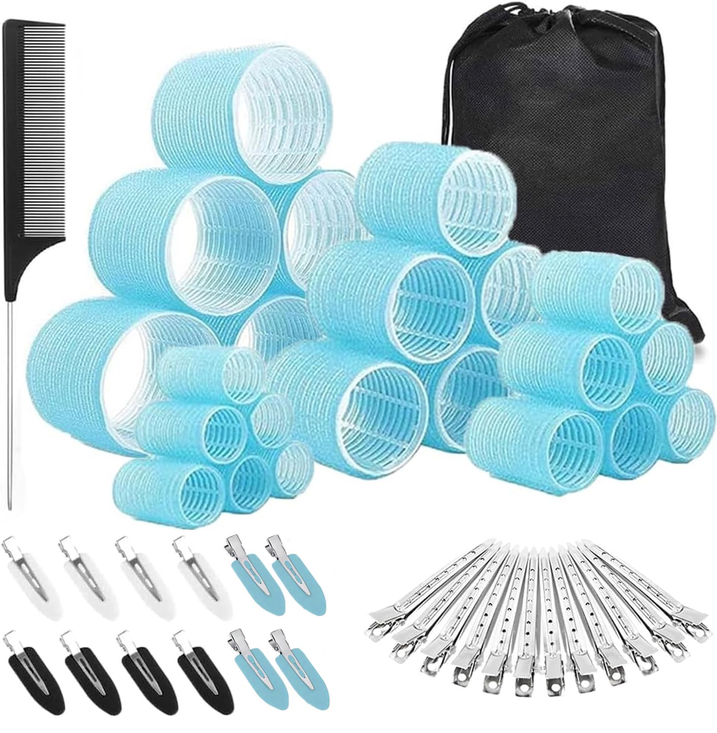 Mabufun Hair Rollers With Clips Large Jumbo Hair Rollers For Long Hair Self Grip Velcro Curlers 35 Pcs No Heat Rollers For Hair Curls Salon Hairdressing Curling Tool (Denim Blue)