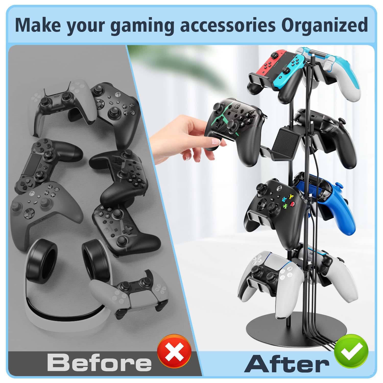 Gaming Deko Controller Halterung, 4-Stufen Controller Halter & Kopfhörer Halterung Tisch mit Kabel Gaming Organizer, Kopfhörer Halter für Universaler Controller/Headset, Gaming Zubehör Zimmer Deko 6