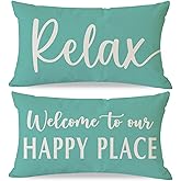 HERHOME Welcome to Our Happy Place Relax Decorative Throw Pillow Covers 12x20 Inch Set of 2 Turquoise Outdoor Spring Summer Beach Decor Lumbar Cushion Case Decoration for Home Sofa Couch Living Room