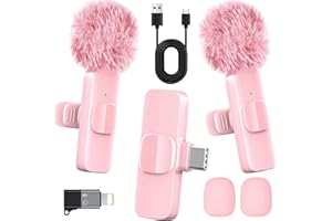 HONGJIEYUAN Pink Wireless Lavalier Microphone for iPhone & Android - Mini Clip-On Mic with Noise Cancellation, 65ft Range, 8H Battery, USB-C/Lightning - for TikTok, YouTube, Podcast, Live Streaming
