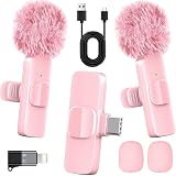 HONGJIEYUAN Pink Wireless Lavalier Microphone for iPhone & Android - Mini Clip-On Mic with Noise Cancellation, 65ft Range, 8H Battery, USB-C/Lightning - for TikTok, YouTube, Podcast, Live Streaming
