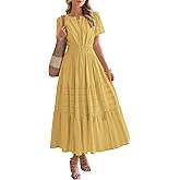 BTFBM Womens Summer 2026 Casual Midi Maxi Dresses Lightweight Short Sleeve V Neck Elastic Waist Boho Beach Dress Pockets