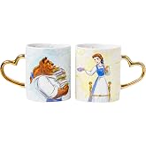 Silver Buffalo Disney Beauty and the Beast, 2 Pack Ceramic Mug Set, 14oz | Princess, Don't Mind the Books Gold, Includes Heart Shaped Handle, 0.4 Liters