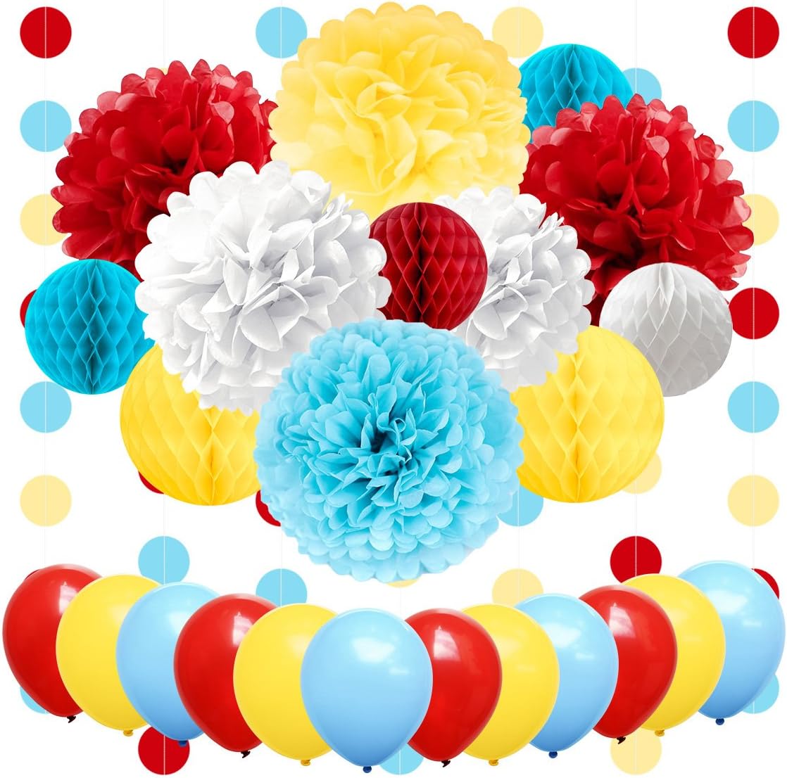 NICROLANDEE Carnival Party Supplies Birthday Balloon Tissue Paper Flowers Pom Poms Honeycomb Ball Circle Dots Hanging Garland Banner for Circus Baby Shower Clown Backdrop Beach Kids Party Decorations