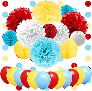 NICROLANDEE Carnival Party Supplies Birthday Balloon Tissue Paper Flowers Pom Poms Honeycomb Ball Circle Dots Hanging Garland Banner for Circus Baby Shower Clown Backdrop Beach Kids Party Decorations
