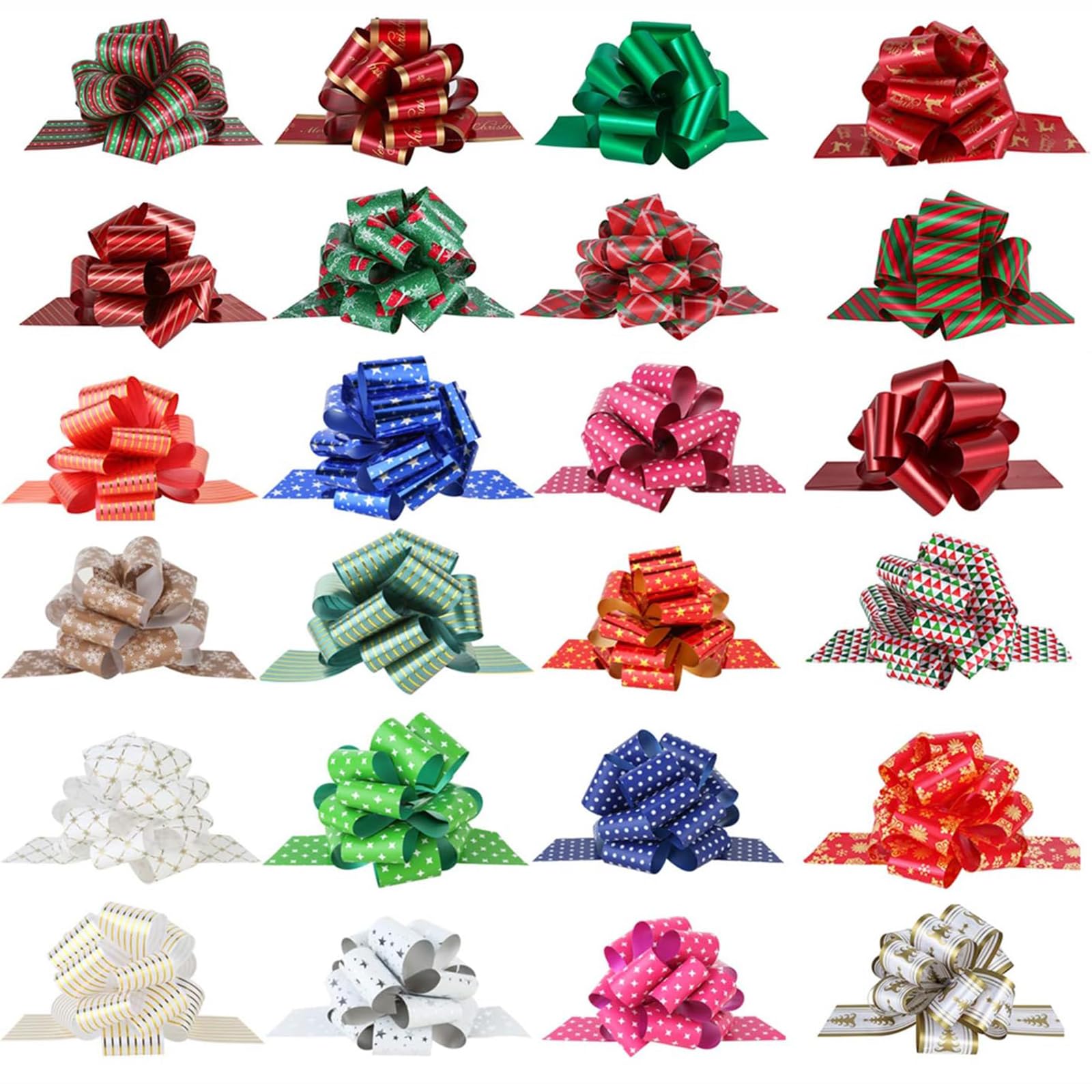PintreeLand 24PCS Christmas Wrap Pull Bows with Ribbon 5” Wide Wrapping Accessory for Xmas Present, Gift, Florist, Bouquet, Basket, Xmas Tree Decoration (24 PCS)