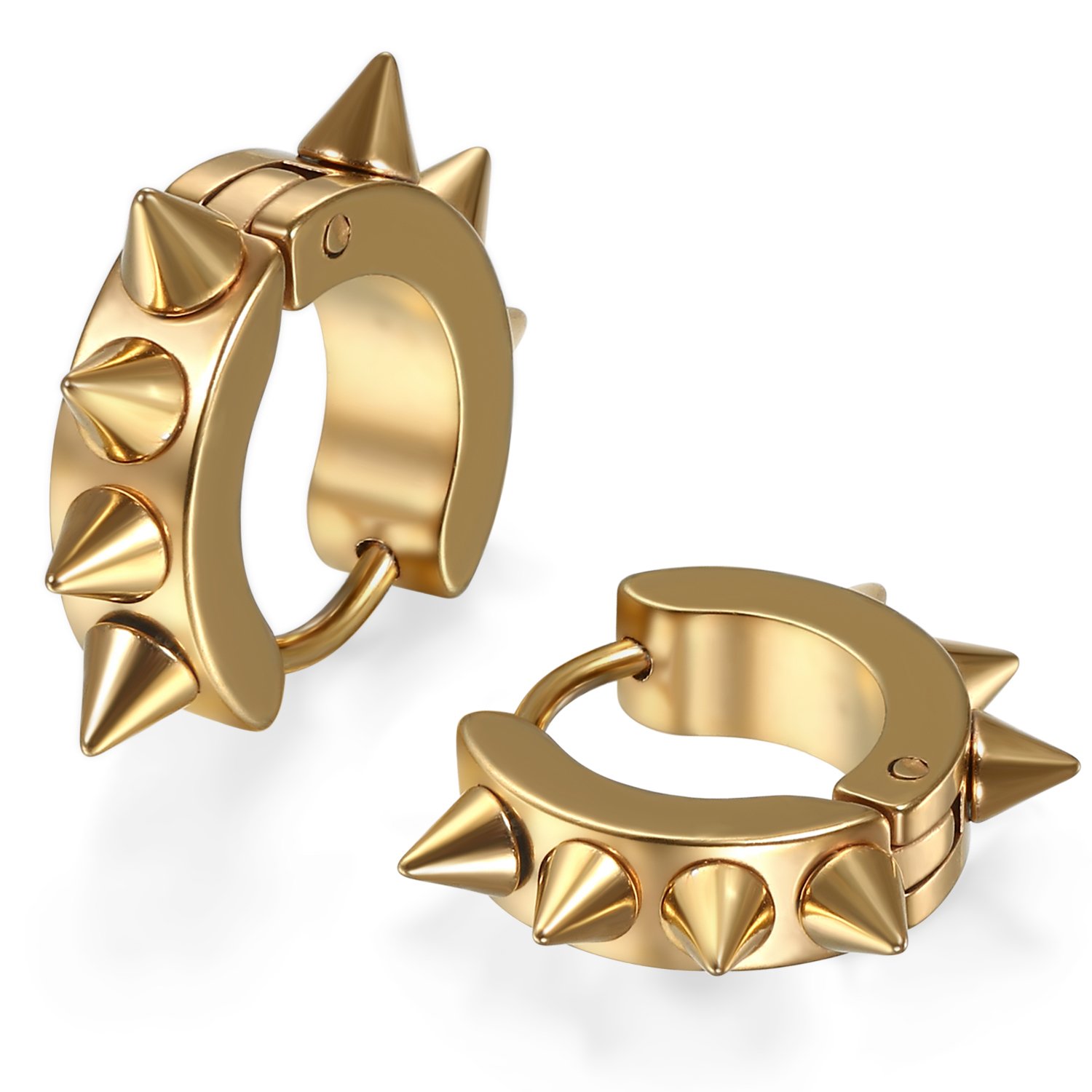JewelryWe Pair of Spikes Studded Surgical Gold Stainless Steel Punk Spiky Round Huggie Hoop Earrings Set for Men Women,2pcs