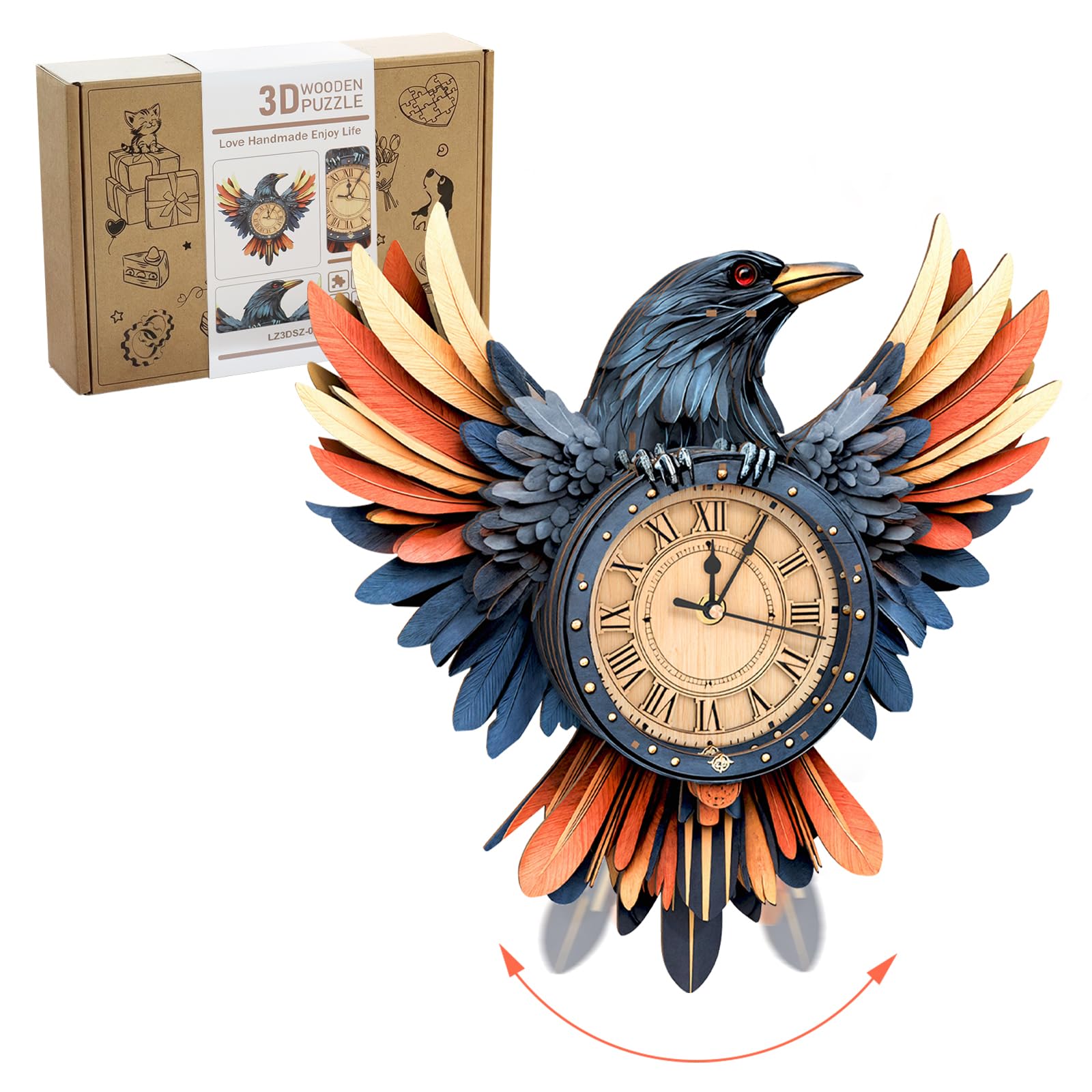 Lilcubics 3D Wooden Halloween Decorations Crow Clock Puzzle for Adults - Mechanical Model Building Kit with Pendulum & Chime, DIY Wall Clock for Home Office Christmas Decor