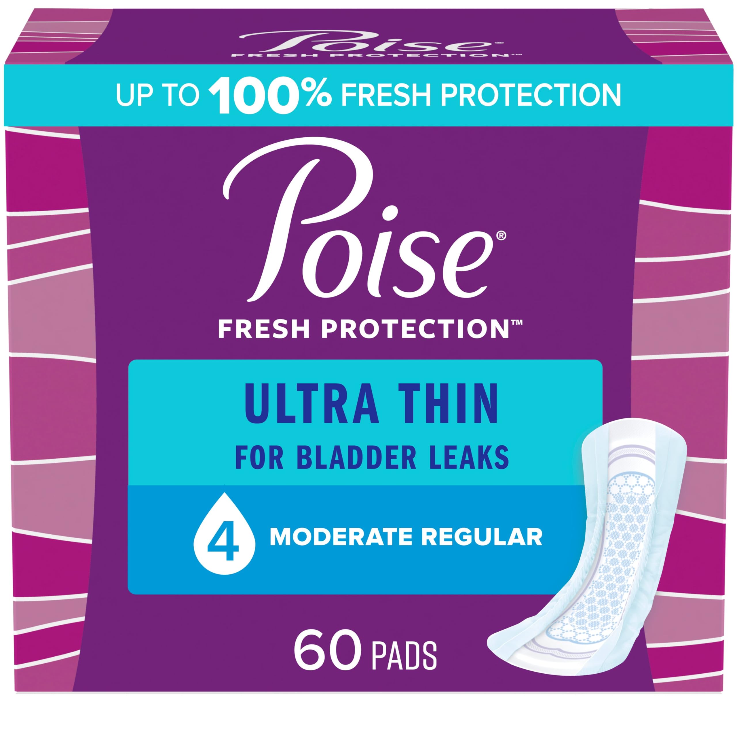 Poise Ultra Thin Incontinence Pads & Postpartum Incontinence Pads, 4 Drop Moderate Absorbency, Regular Length, 60 Count, Packaging May Vary