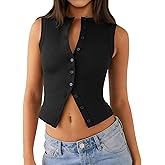Relety Womens Crop Tank Tops Going Out Button Down Vest Seamless Ribbed Trendy Shirts Cute Sleeveless Summer Spring Y2K Cami
