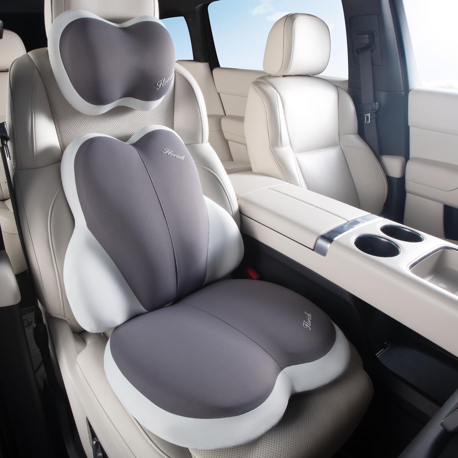 Photo 1 of FLORICH 3 PCS Seat Cushion for Carseat Lumbar Support Pillow Car Neck Headrest Pillows Ultrathick Memory Foam Seat Pads Pressure Relief Back Cushion for Office Chair(Beige Grey)