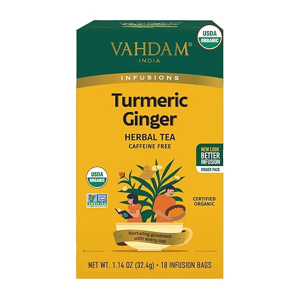 VAHDAM, ORGANIC TURMERIC GINGER HERBAL TEA BAGS (18 COUNT) CAFFEINE FREE, GLUTEN FREE | 100% PURE HERBAL BLEND – EARTHY & SAVORY | ECO-FRIENDLY INDIVIDUALLY WRAPPED TEA BAGS | DIRECT FROM SOURCE