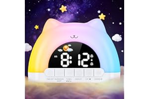 Homiyteck Kids Alarm Clock, OK to Wake Alarm Clock for Kids, Cat Clock with 11 Colors Night Light, 10 Soothing Sounds, Child 