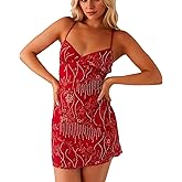 Burtell Women Sexy Sleeveless Sparkly Sequin Rhinestone Mini Dress Deep V Neck Open Back Glitter Cami Short Dress Club Party