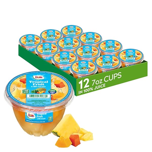 DOLE FRUIT BOWLS TROPICAL FRUIT IN 100% JUICE SNACKS, 7OZ 12 TOTAL CUPS, GLUTEN & DAIRY FREE, BULK LUNCH SNACKS FOR KIDS & ADULTS