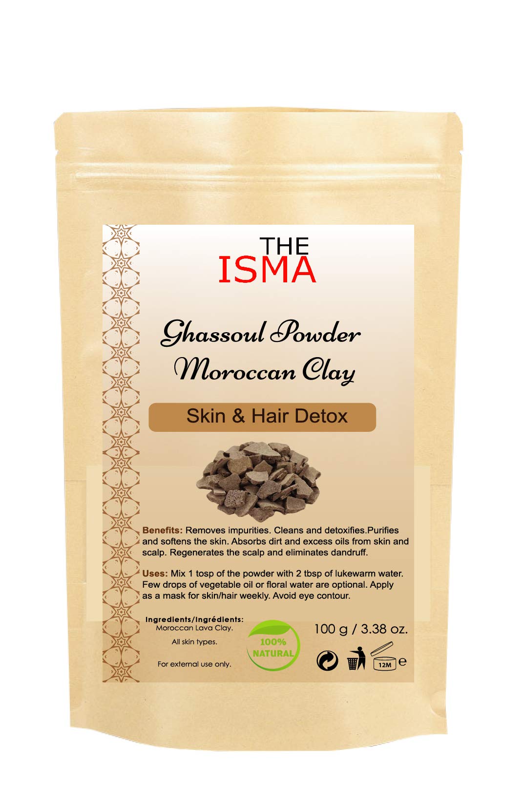 THE ISMA Moroccan Clay Powder for Face & Hair Mask | Ghassoul Clay, Green Clay, Red Clay & White Clay | Natural Cleansing Clay for Facial Mask, Hair Mask & Skin Care (100g, Ghassoul Clay)