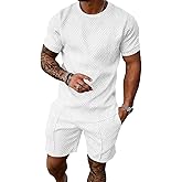 FcuteL Mens Track Suits 2 Piece Set T Shirts Shorts Sets Fashion Retro Textured Sweatsuit Vacation Cruise Outfits